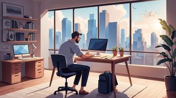 AI generated A man sits at his desk workplace using his personal desktop computer working online program in work at home concept video