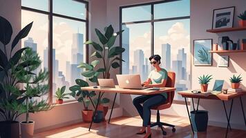 AI generated A man sits at his desk workplace using his personal desktop computer working online program in work at home concept video