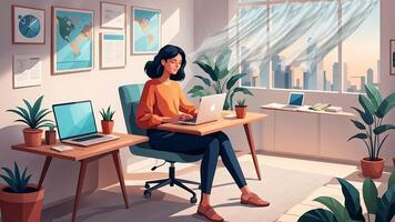 AI generated A man sits at his desk workplace using his personal desktop computer working online program in work at home concept video