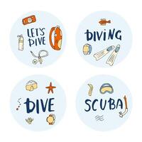 Scuba diving set of elements  and equipment. vector