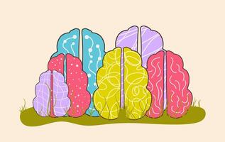 Group of different human brains. Neurodiversity symbol. Brainstorming, creative thinking sign. Colorful human minds metaphor. Vector illustration