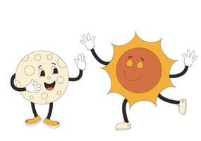 Moon and sun cartoon characters in retro style. Smiling comic characters isolated on white background. Vector illustration.