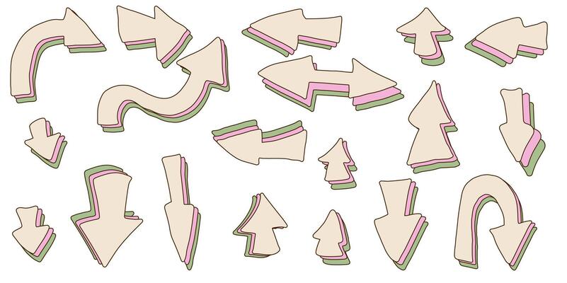 Arrow groovy set. Collection of direction pointers signs. Hand drawn isolated design elements symbols on white background. left, right, down, up, forward pointers. Vector illustration.