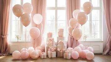 AI generated Softly colored baby shower balloons and ribbons, festive atmosphere photo