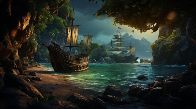 AI generated Pirate cove with hidden treasures and a secretive atmosphere photo