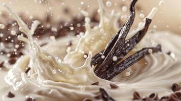 AI generated A scoop of vanilla beans colliding with a splash of creamy milk photo