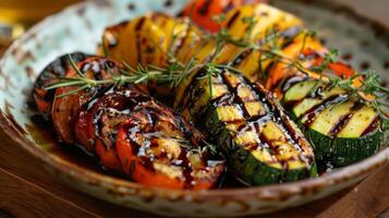 AI generated A plate of grilled vegetable platter with a balsamic reduction drizzle photo