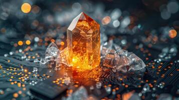 AI generated A quartz crystal next to a silicon chip, technology's roots photo