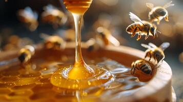 ai generado un dorado miel remolino goteo desde un de madera cazo, con abejas zumbido foto