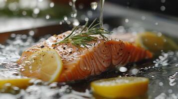 AI generated A fresh salmon fillet with a splash of lemon juice and herbs photo