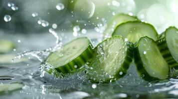 AI generated A refreshing cucumber water splash with slices of cucumber floating around photo