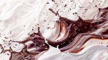 AI generated 3D render of milk and chocolate swirling together in a whimsical dance, cartoon style photo