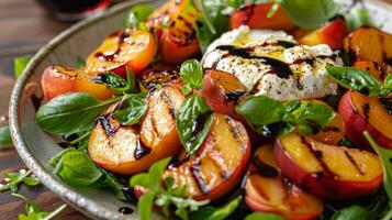 ai generado un plato de A la parrilla melocotón y burrata ensalada con balsámico vidriar foto