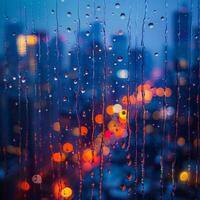 AI generated Photorealistic image of raindrops on a window with a blurred city background photo