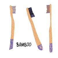 Bamboo tooth brushes set. Vector illustration.