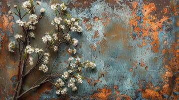 ai generado blanco flores en oxidado metal pared foto
