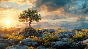 AI generated Tree Silhouetted on Rocky Hill Against Sunset photo