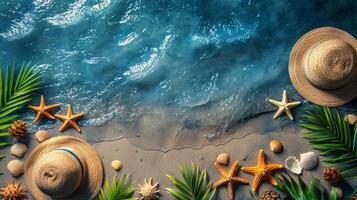 ai generado playa escena con estrella de mar, palma hojas, y sombreros foto