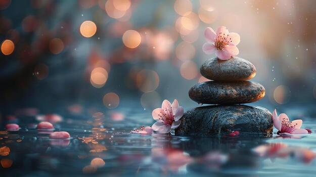 AI generated Stack of Rocks Balanced on Body of Water photo