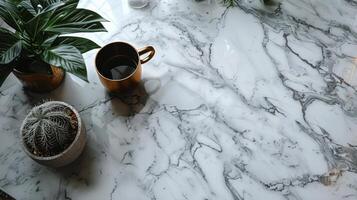 ai generado mármol mesa con café tazas y en conserva planta foto