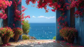 AI generated Blue Building With Red Flowers Overlooking Ocean photo