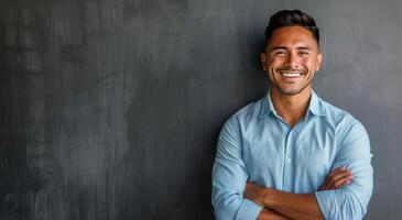 AI generated Man Standing With Arms Crossed in Front of Blackboard photo