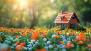 ai generado pequeño casa en medio de campo de flores foto