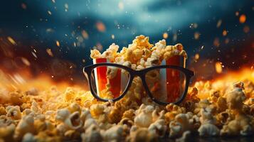 ai generado película teatro 3d lentes en vibrante palomitas de maiz antecedentes foto