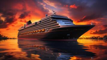 AI generated Cruise liner silhouette against a vibrant sunrise, luxury travel photo