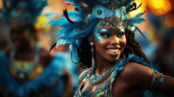 ai generado carnaval en río, samba bailarines en vibrante disfraces foto