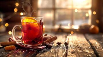 AI generated A steaming cup of mulled wine with spices and an orange slice photo