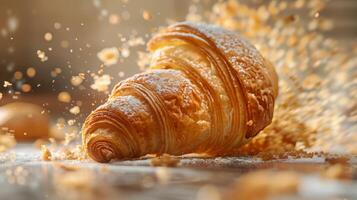 AI generated A flaky, buttery croissant being torn apart, with crumbs flying photo