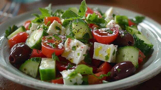 AI generated A refreshing Greek salad with feta, olives, and cucumber photo