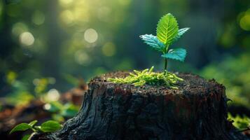 AI generated New shoot growing from a stump, illustrating resilience and rebirth photo