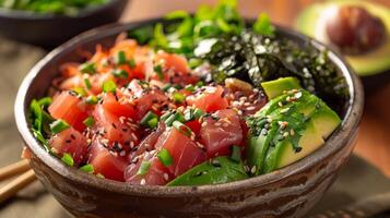 AI generated A bowl of fresh poke with tuna, avocado, and seaweed salad photo