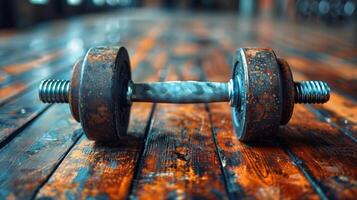 AI generated Pair of Dumbbells on Wooden Floor photo