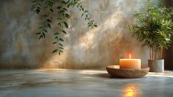 AI generated Lit Candle on Table Next to Potted Plant photo