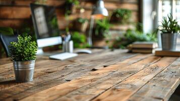 AI generated Wooden Table With Potted Plant photo