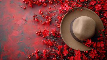 AI generated Hat Resting on Red Berries photo