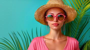 ai generado mujer vistiendo Paja sombrero y Gafas de sol foto