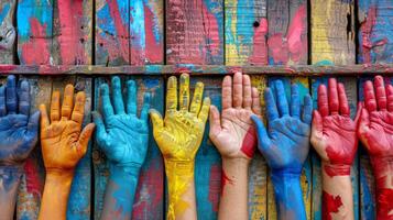 ai generado grupo de pueblos manos pintado en diferente colores foto