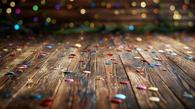 AI generated Close-Up of Wooden Table With Confetti photo