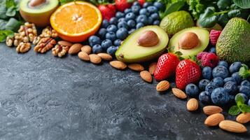 ai generado clasificado frutas y vegetales desplegado en un mesa foto