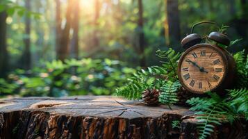 AI generated Alarm Clock on Tree Stump photo