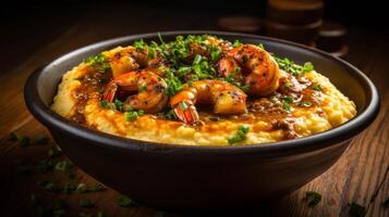 AI generated Grits with shrimp, a savory dish popular in the American South photo