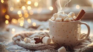 AI generated A steaming mug of hot cocoa with marshmallows and a cinnamon stick photo