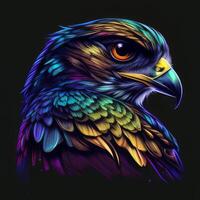 AI generated Falcon portrait graphic for t-shirt vector, synthwave influence, vivid colors, detailed design photo