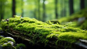 ai generado de cerca de un cubierto de musgo roca, vibrante verde, bosque piso foto