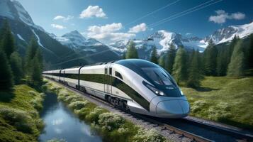 ai generado alta velocidad tren paso mediante un escénico paisaje, moderno viaje foto