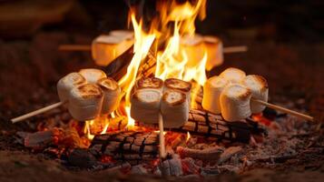 AI generated A crackling fire with marshmallows on sticks, getting toasted to perfection photo